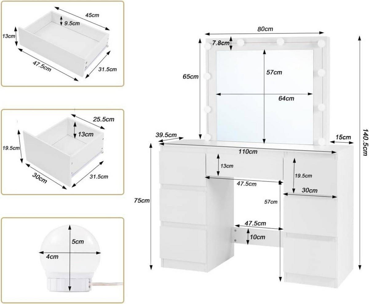SCHMINKTISCH mit LED-Beleuchtung Weiß - Weiß, Glas/Holzwerkstoff (110/140.5/39.5cm) - Woltu