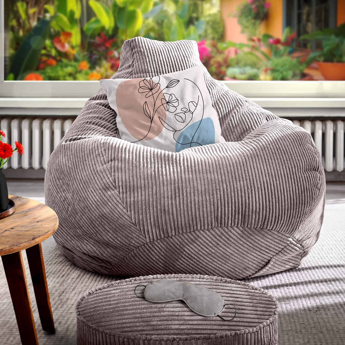 LOUNGE-SITZSACK Cozy + Fußhocker - Hellgrau, Textil (80/90/90cm) - Green Bean
