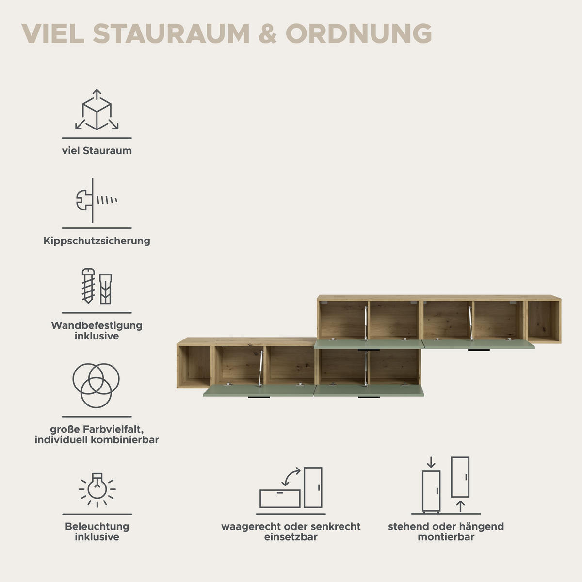 WOHNWAND INKL BELEUCHTUNG The One Smoke Green 276/34/97 cm - Braun, Holzwerkstoff (276/97/34cm) - Xonox