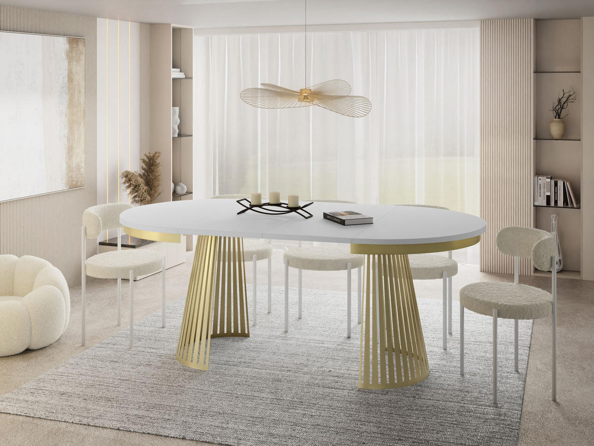 ESSTISCH Naro rund ausziehbar mit Goldem Lamellen-Metallgestell, Weiß 100-180/100/76 cm - Goldfarben/Weiß, Holzwerkstoff/Metall (100/100/76cm) - WFL GROUP