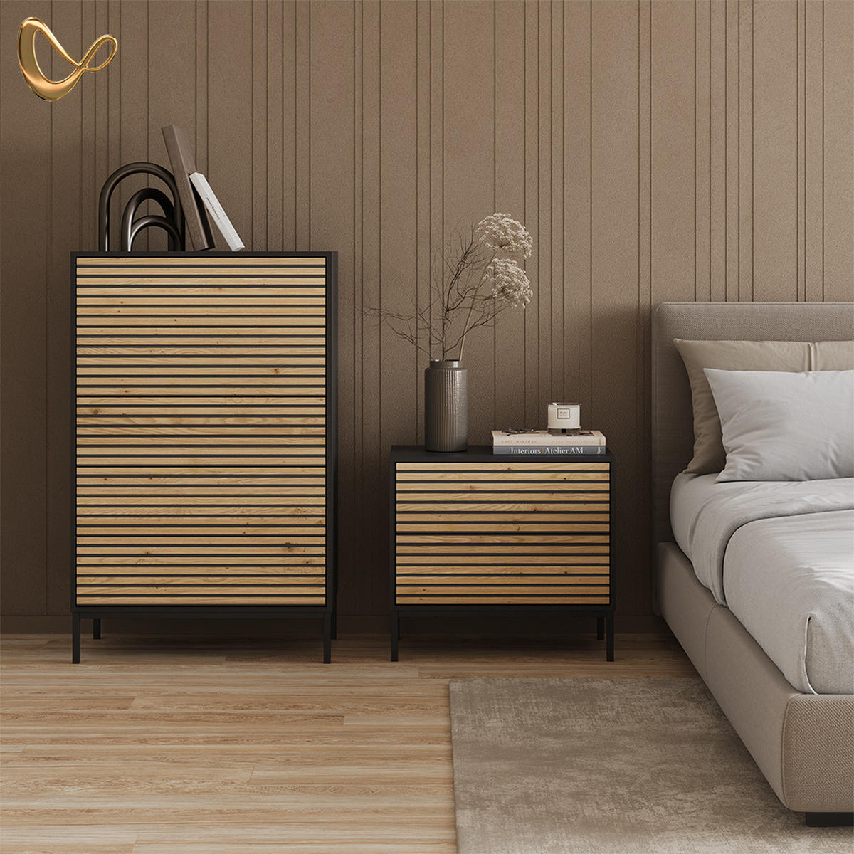 NACHTTISCH Aterno Goldkraft Eiche/Anthrazit 2er set - Honigeiche/Anthrazit, Holzwerkstoff (66/60/36cm) - Livinity®