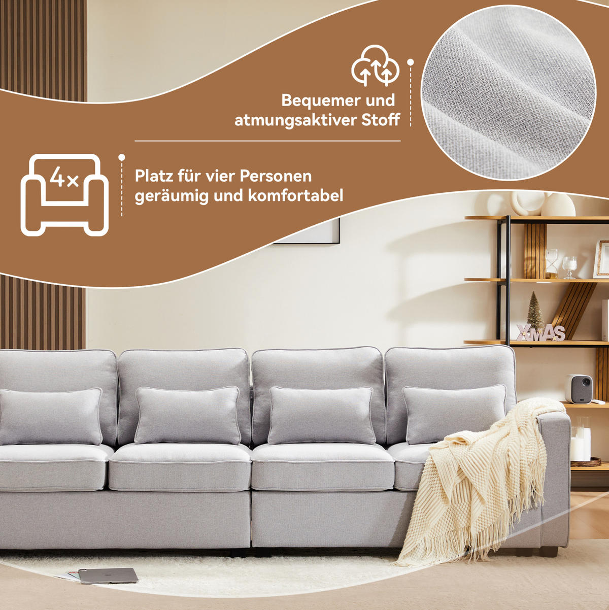4-SITZER Sofa 264/87/83 cm Grau aus Leinen mit Armlehnentaschen - Hellgrau, Textil (83/87/264cm) - OKMYHOME