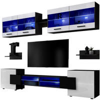 WOHNZIMMERSET Foggia, 6er-Set, Schwarz, Front Hochglanz Weiß, LED Blau - Schwarz/Weiß, Glas/Holzwerkstoff (230/190/45cm) - Komodee