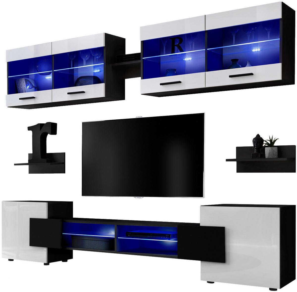 WOHNZIMMERSET Foggia, 6er-Set, Schwarz, Front Hochglanz Weiß, LED Blau - Schwarz/Weiß, Glas/Holzwerkstoff (230/190/45cm) - Komodee