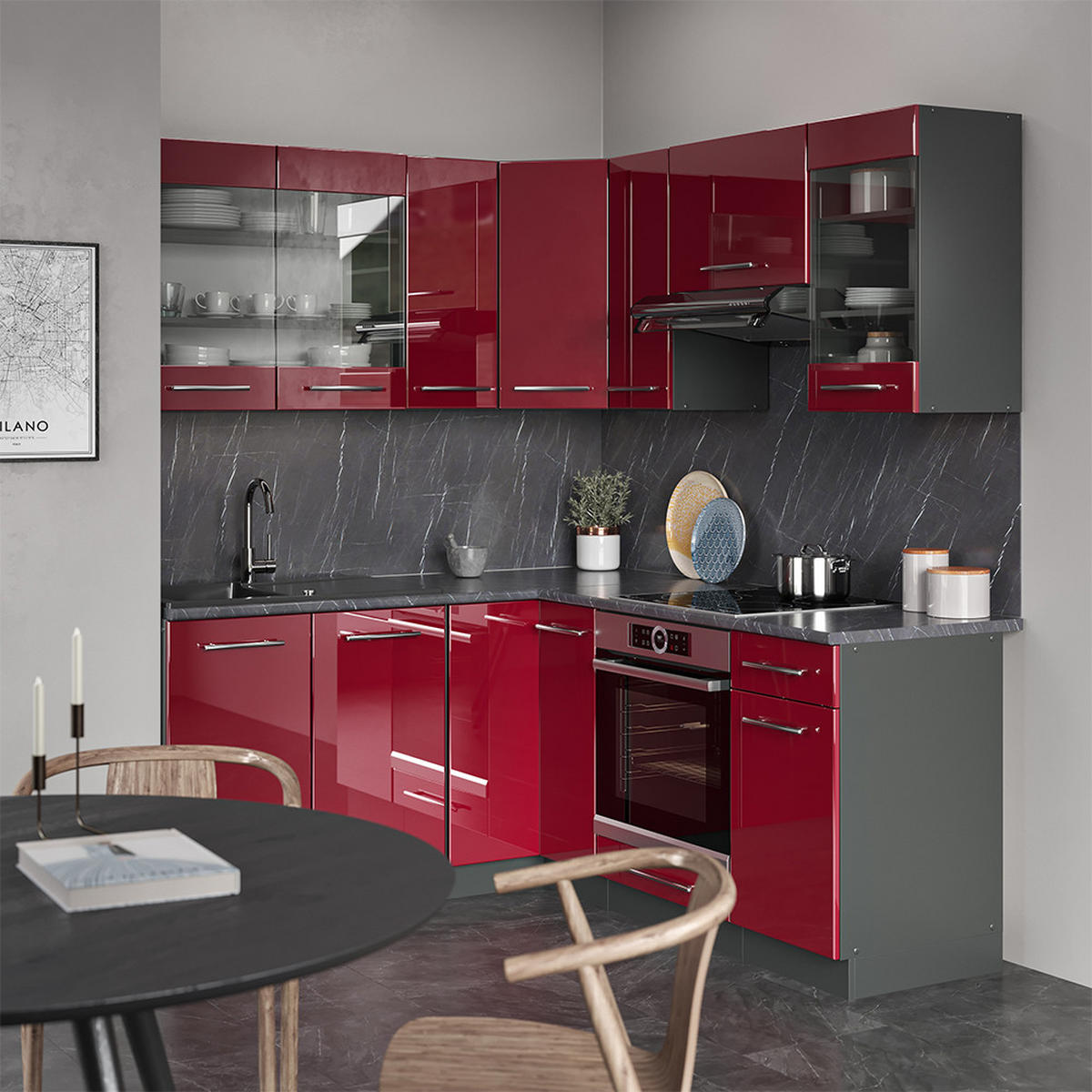 ECKKÜCHE Fame-Line Bordeaux Hochglanz/Anthrazit 160 x 60 cm ohne AP - Bordeaux/Anthrazit, Holzwerkstoff (190/81.6/46cm) - Vicco