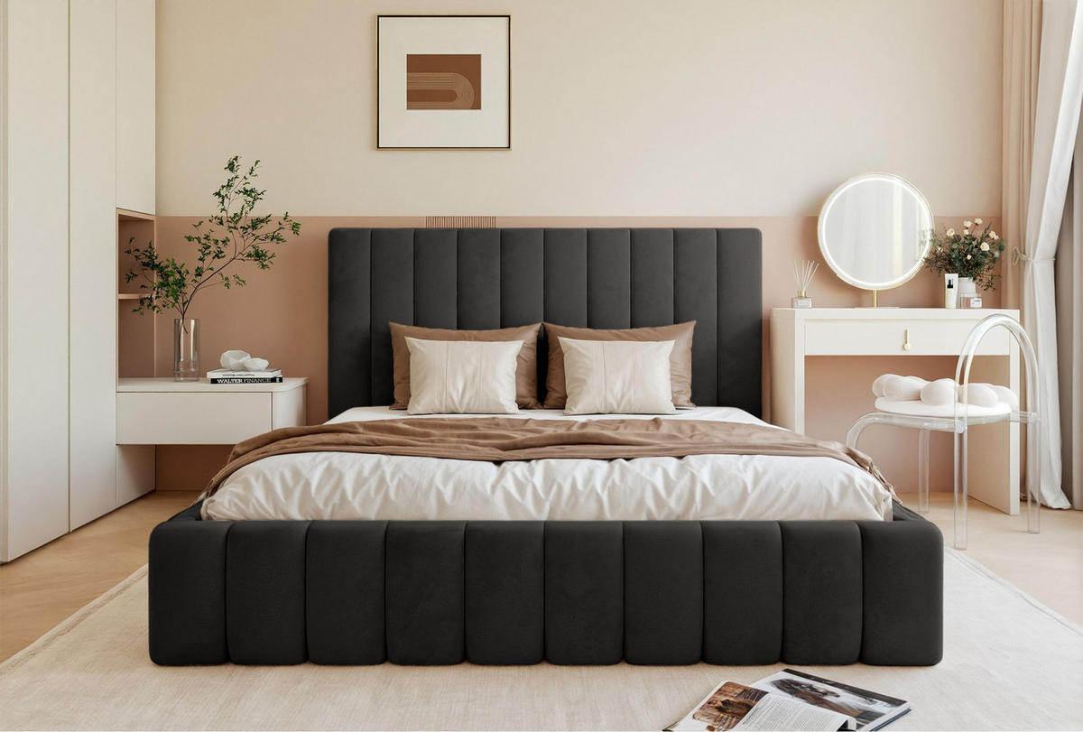 POLSTERBETT Fiarro Dunkelgrau, Velours, 140x200 cm - Dunkelgrau, Textil (140/200cm) - Selsey