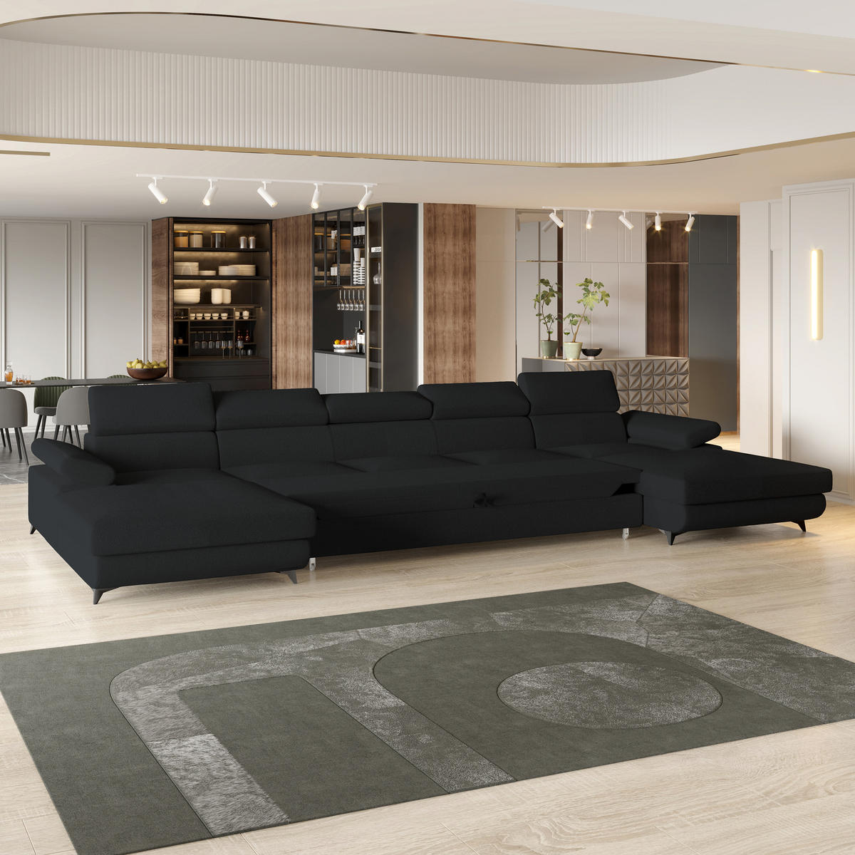 WOHNLANDSCHAFT VIVENTE Schwarz Boucle-Stoff mit Schlaffunktion - Schwarz, Holz (410/89/190cm) - MASSENO