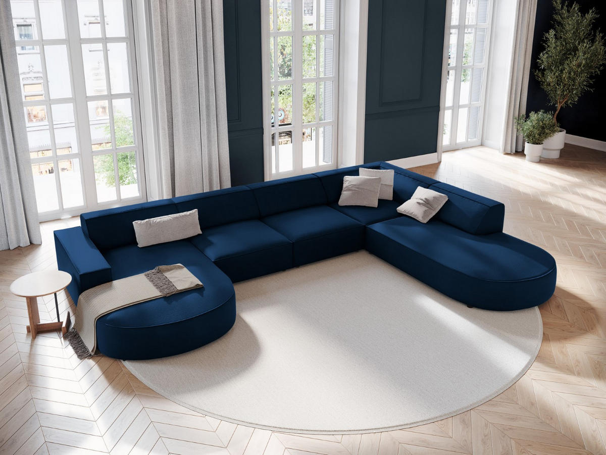 PANORAMASOFA rechts Jodie aus Samt königsblau 7 Sitzplätze - Blau, Textil (262/70/364cm) - Micadoni