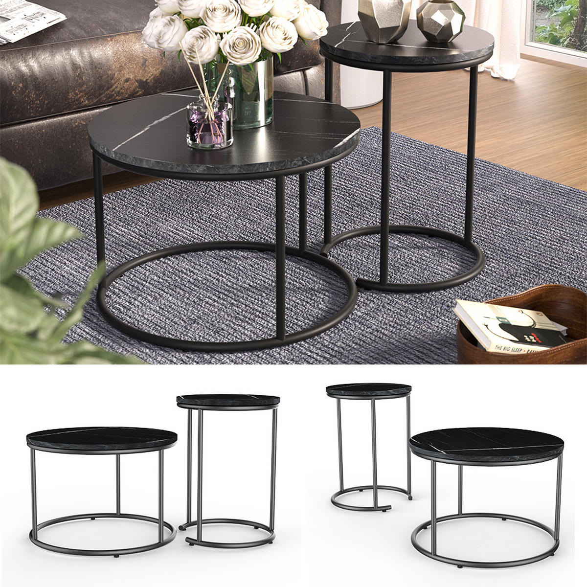 COUCHTISCH-SET Ottawa Schwarzer Marmor 55 x 55 cm 2 Teile - Schwarz Hochglanz, Holzwerkstoff (55/55/34.5cm) - Vicco