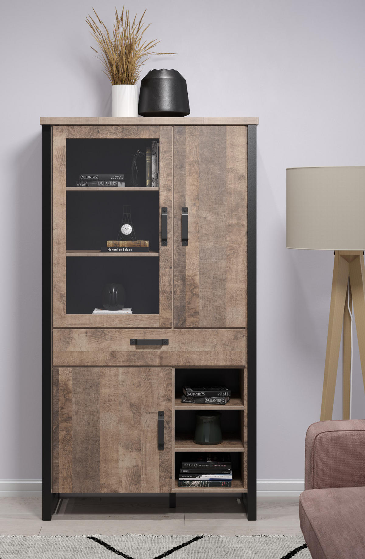 VITRINE Eiche Tabak, schwarz 106 x 195 cm, Vitrinenschrank für Wohn- und Esszimmer - Eichefarben/Schwarz, Glas/Holzwerkstoff (45/195/106cm) - Top.Furn