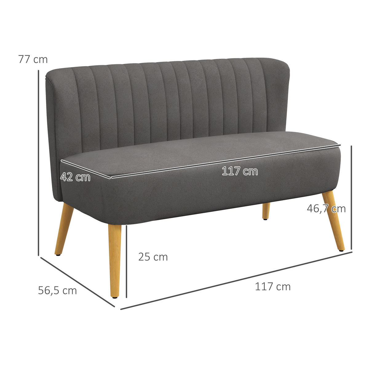 2-SITZER Sofa Zweisitzer, Loveseat mit Leinenoptik, Doppelsofa mit Holzbeine - Dunkelgrau/Naturfarben, Holz/Textil (56.5/77/117cm) - HOMCOM