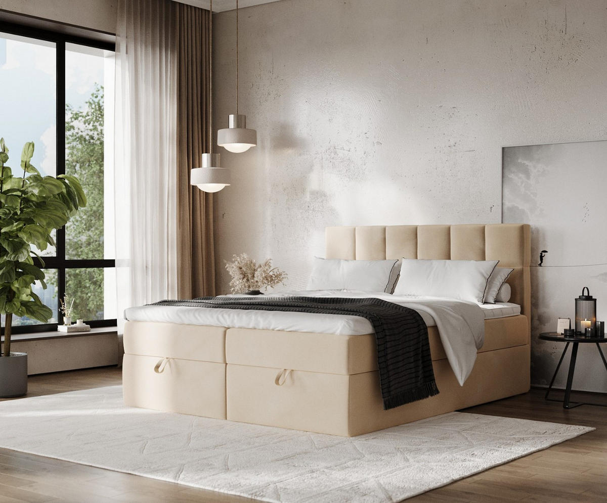 BOXBETT Savio 200/200 cm Beige im Kronos Stoff - Beige/Schwarz, Holz/Holzwerkstoff (200/200cm) - AltaBeds