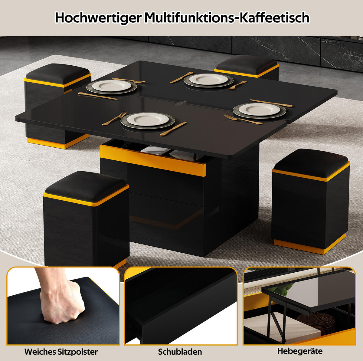 COUCHTISCH 100/50/43 cm aus MDF mit Klapp- und Hebefunktion, Stauraum und 4 Hockern, Schwarz/Gelb - Schwarz, Holzwerkstoff (100/50/43cm) - Redom
