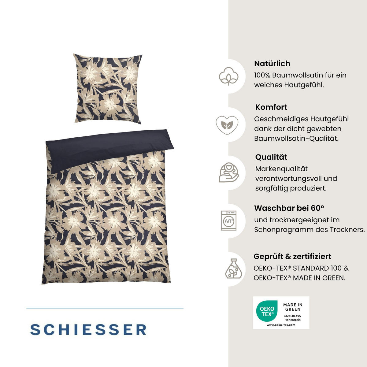 BETTWÄSCHESET Artistic - Baumwollsatin - 2-teilig - 135 x 200 cm - Dunkelblau - Dunkelblau, Textil (135/200cm) - SCHIESSER