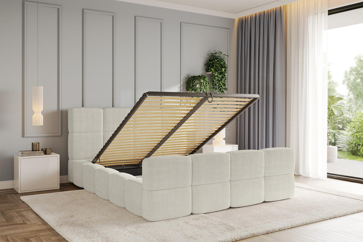 POLSTERBETT mit Bettkasten und Lattenrost, Bett mit Kopfteil, Boxbett ohne Matratze, Doppelbett mit Stauraum - NATA-Z 120x200 Creme - Ecru, Holzwerkstoff/Textil (120/200cm) - ALTDECOR