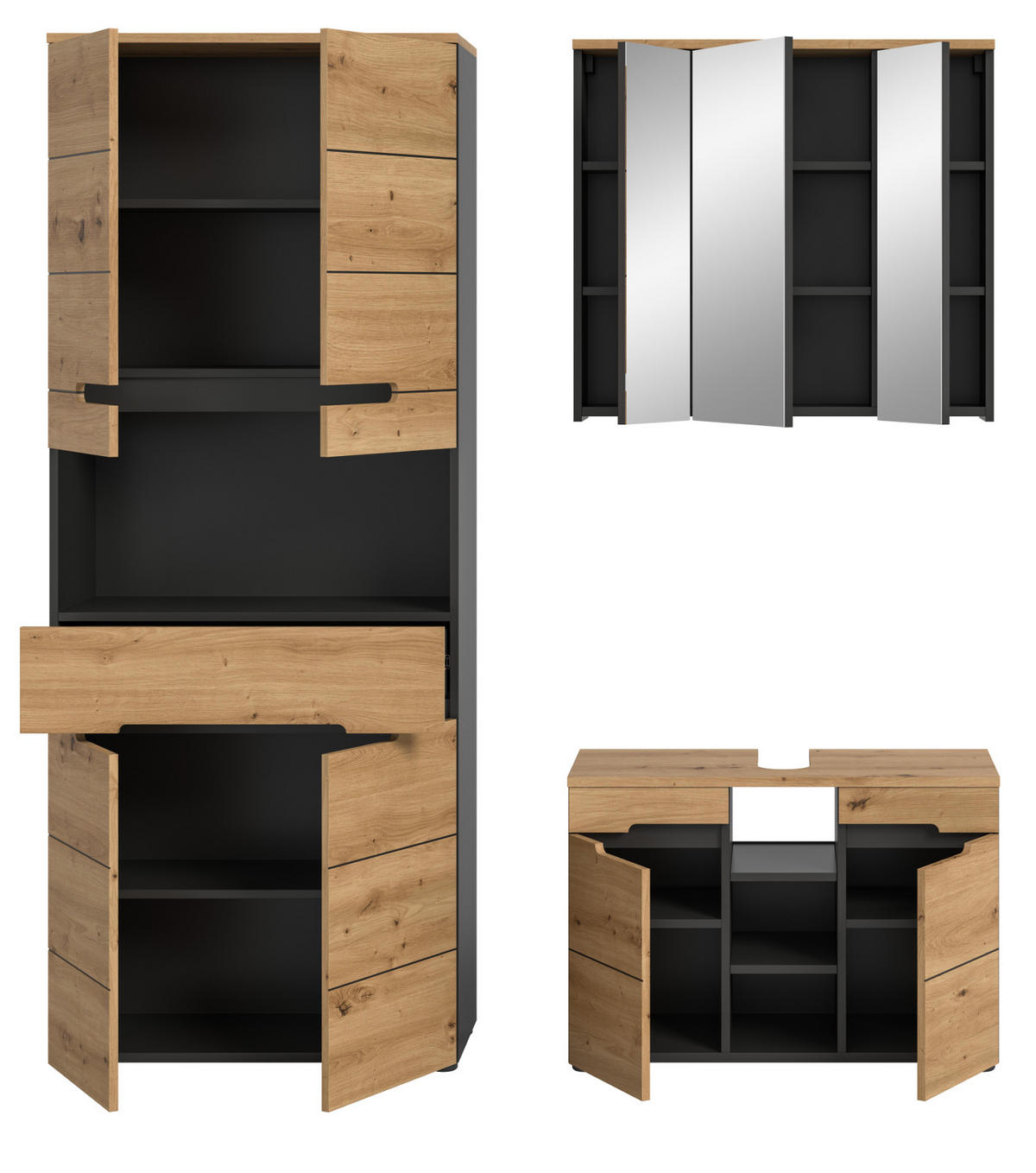 BADMÖBEL-SET Eiche, grau 3-teilig 171 cm, Komplettset mit Soft-Close - Schwarz/Eiche Artisan, Glas/Holzwerkstoff (171/193/34cm) - Inn.Furn