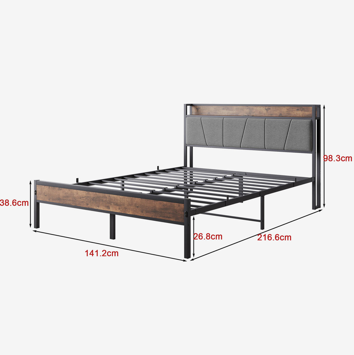 POLSTERBETT 140/200 cm mit LED-Beleuchtung, USB und Stauraum-Kopfteil, MDF/Metall, Antikbraun - Rotbraun, Holzwerkstoff (140/200cm) - Redom