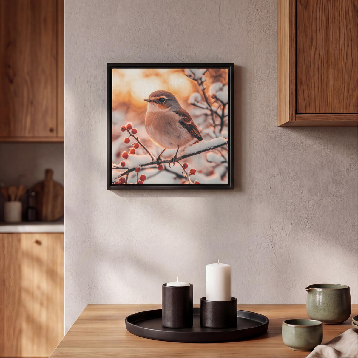 LEINWAND Bilder mit Rahmen - Vogel - Zweig - Winter - Tiere - Schnee - 20x20 - Bernsteinfarben, Textil (20/20cm) - MuchoWow