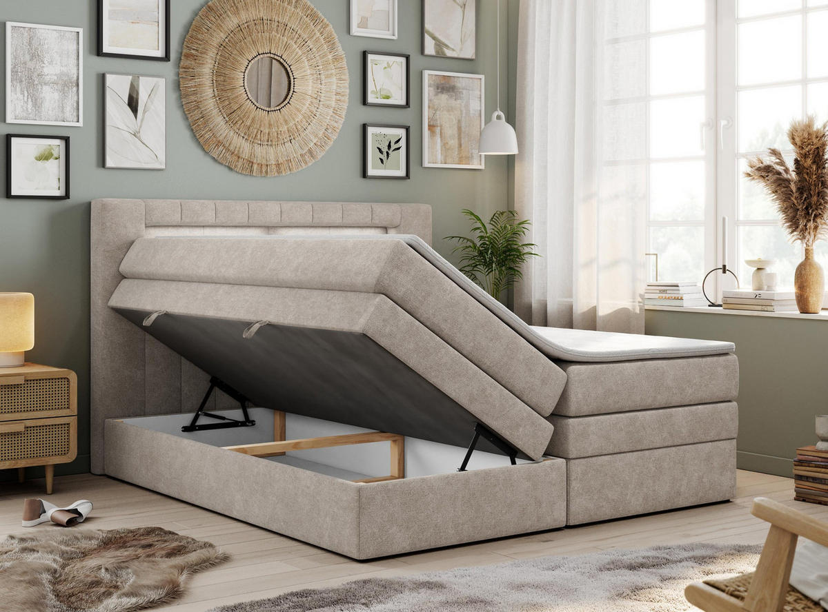BOXSPRINGBETT GOLD-5 KING LED 180/200 Beige Struktur - H3 - Beige, Holz/Textil (180/200cm) - MKS