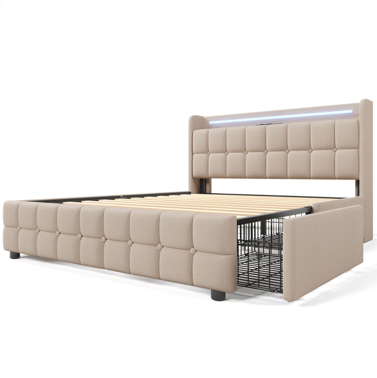 POLSTERBETT 140/200 cm mit LED-Beleuchtung, USB und 4 Schubladen in Beige - Beige, Holz (140/200cm) - BEAOK