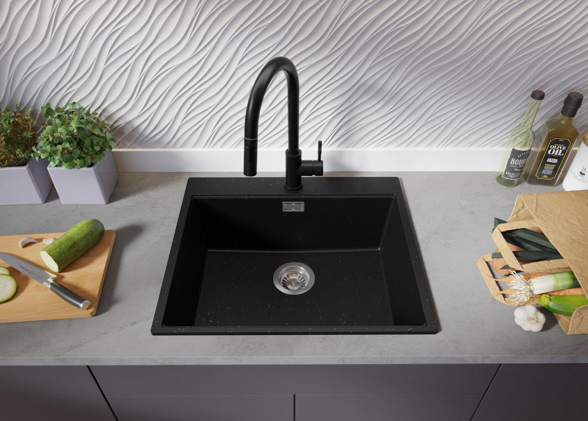 SPÜLBECKEN Oslo, 2-er set Schwarz Metallic 58/50 cm 1 Becken + Ablauf-Set + Schneidebrett ab 60er Unterschrank - Chromfarben/Schwarz Hochglanz, Kunststoff (58/20/50cm) - Primagran