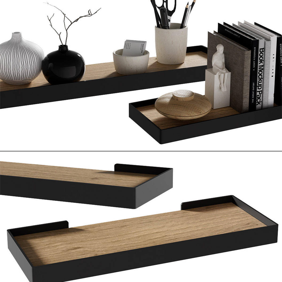 WANDREGAL Erni Schwarz/Eiche 60 x 3 cm 2er-Set - Eichefarben/Schwarz, Holzwerkstoff (60/3/15cm) - Vicco