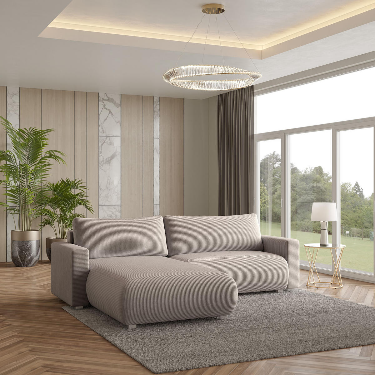ECKSOFA TURIN P Beige Kordstoff mit Schlaffunktion - Beige, Holz (265/183cm) - MASSENO