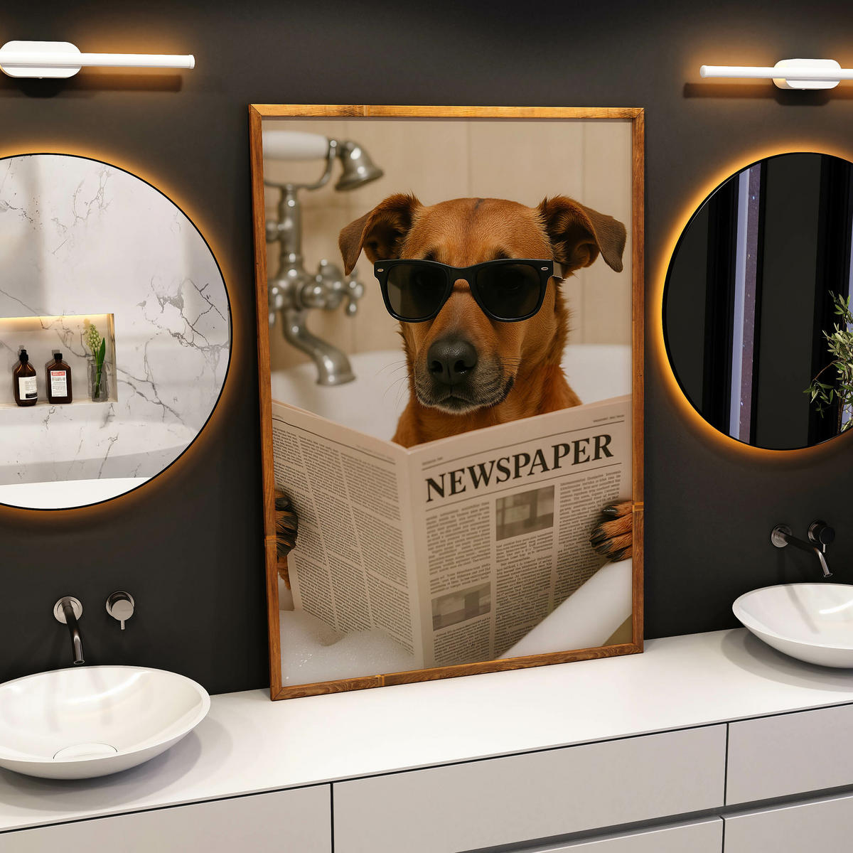 POSTER für WC Badezimmer HUND in Badewanne Retro Zeitung Abstraktion 30x40cm - Beige/Schwarz, Papier (30/40/40cm) - Muralo