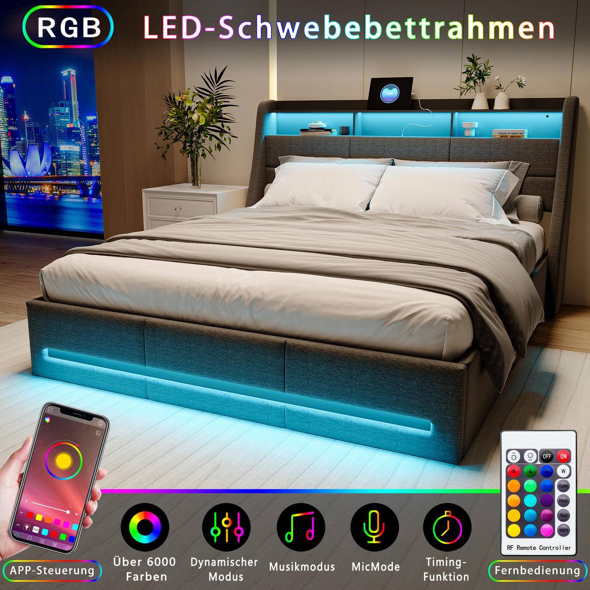 POLSTERBETT 160x200 cm, hydraulischer Stauraum, LED und USB, Kopfteil-Aufbewahrung, Leinenstoff in Grau - Grau, Holz (160/200cm) - BRILVERDE