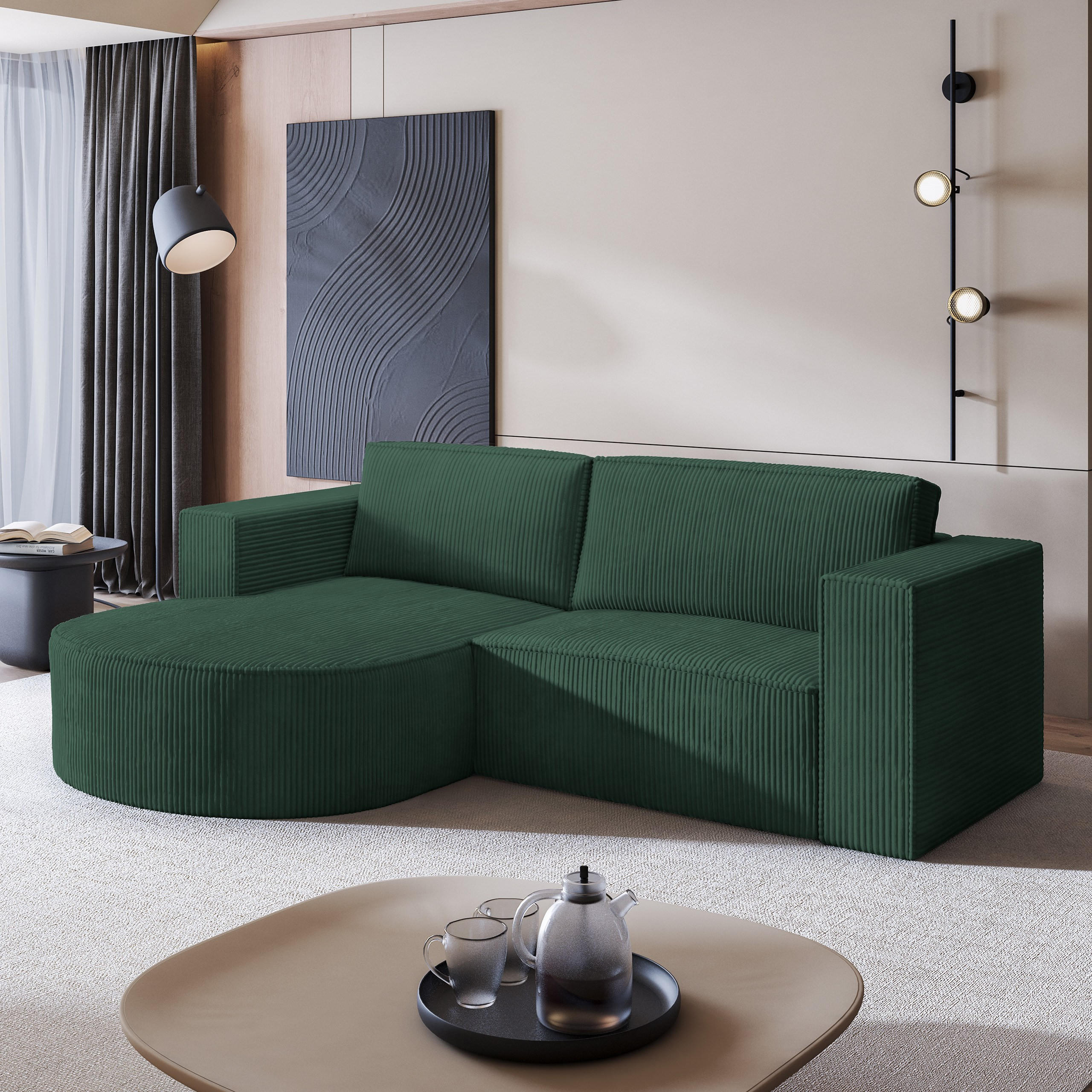 ECKSOFA SORELA P L-S Grün Kordstoff mit Schlaffunktion - Grün, Holz (263/174cm) - MASSENO