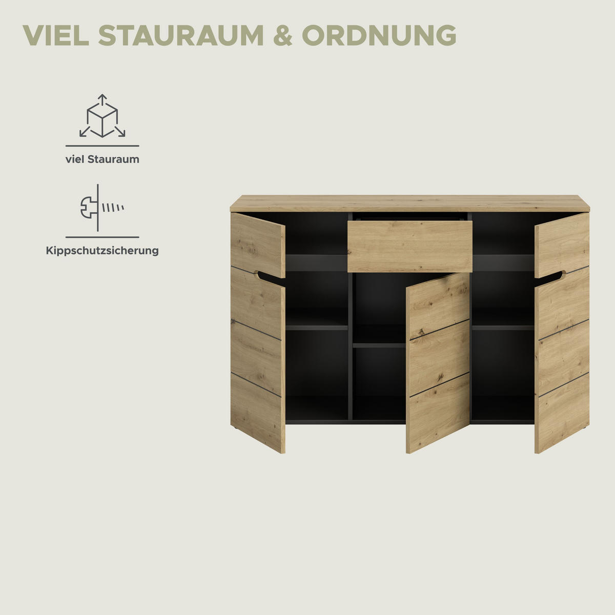 KOMMODE Canu Artisan 130/41/81 cm - Grau, Holzwerkstoff (130/81/41cm) - Xonox