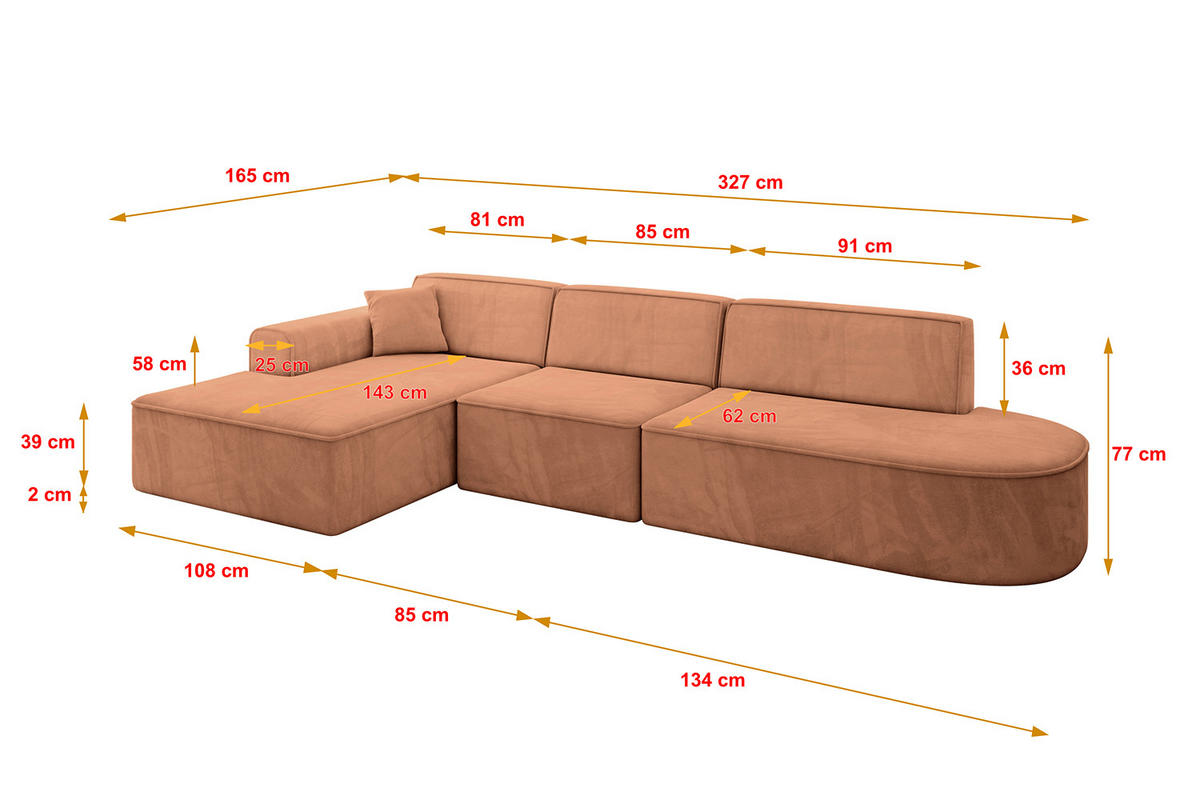 ROHOVÁ SEDAČKA s otomanem, levá IREA-L2-v3 327x165x77 Meruňková Velur - černá/korálová, kompozitní dřevo/textil (328/171cm) - ALTDECOR