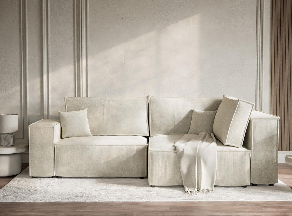 ECKSOFA MIT SCHLAFFUNKTION Tonga Creme Chenille-Stoff - Creme/Schwarz, Holz/Holzwerkstoff (255/105cm) - Maison de Reve