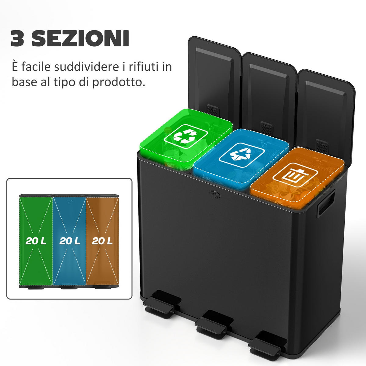 MÜLLTRENNSYSTEM 3 FÄCHER 60L 61,9/36,6/56,7 cm Edelstahl Schwarz Treteimer - Schwarz, Metall (36.6/56.7/61.9cm) - Rolipo