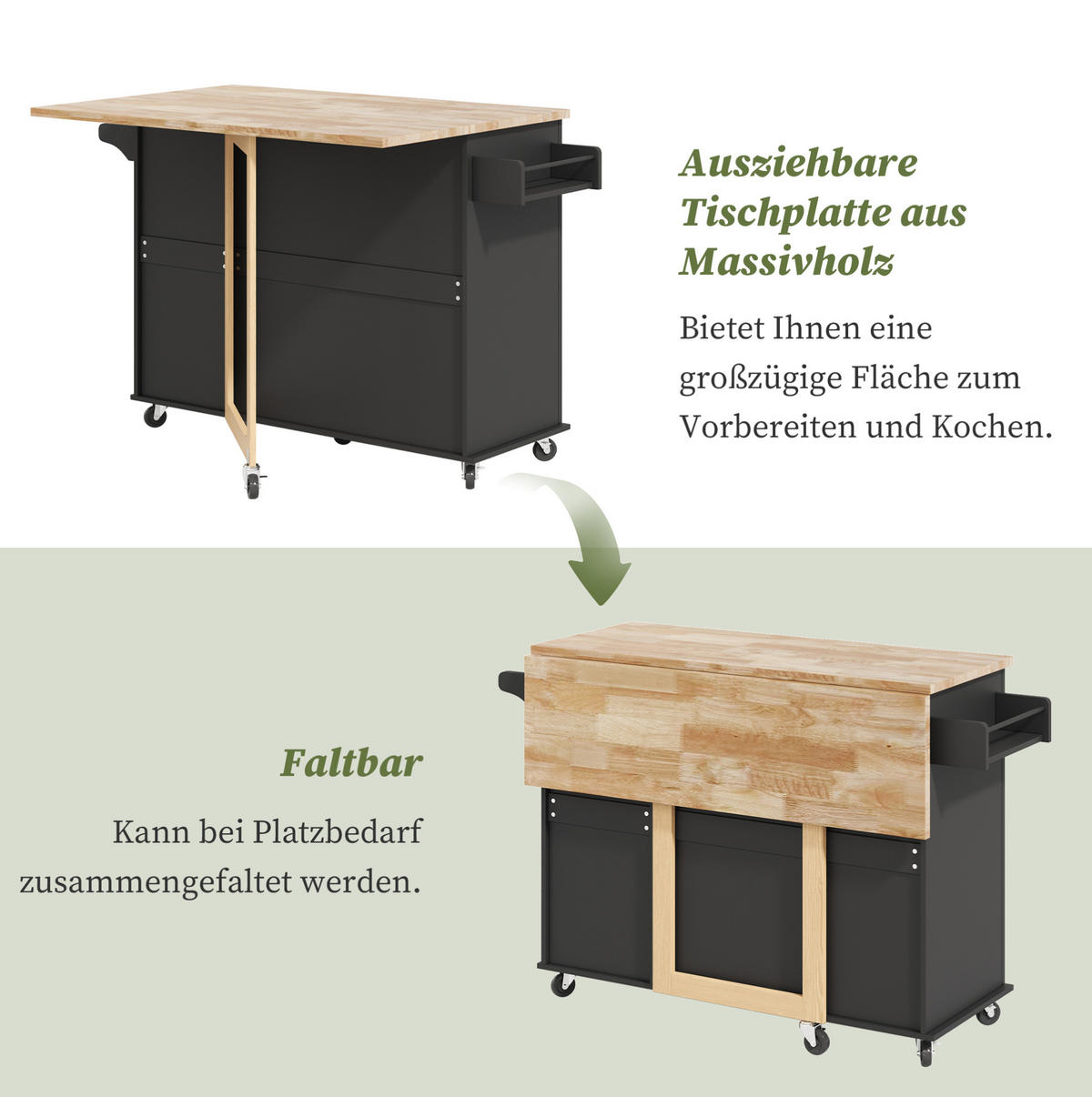 KÜCHENINSEL 137/43(76)/92 cm schwarz klappbar 3 Schubladen & Rollen - Schwarz, Holzwerkstoff (137/92/76cm) - OKWISH