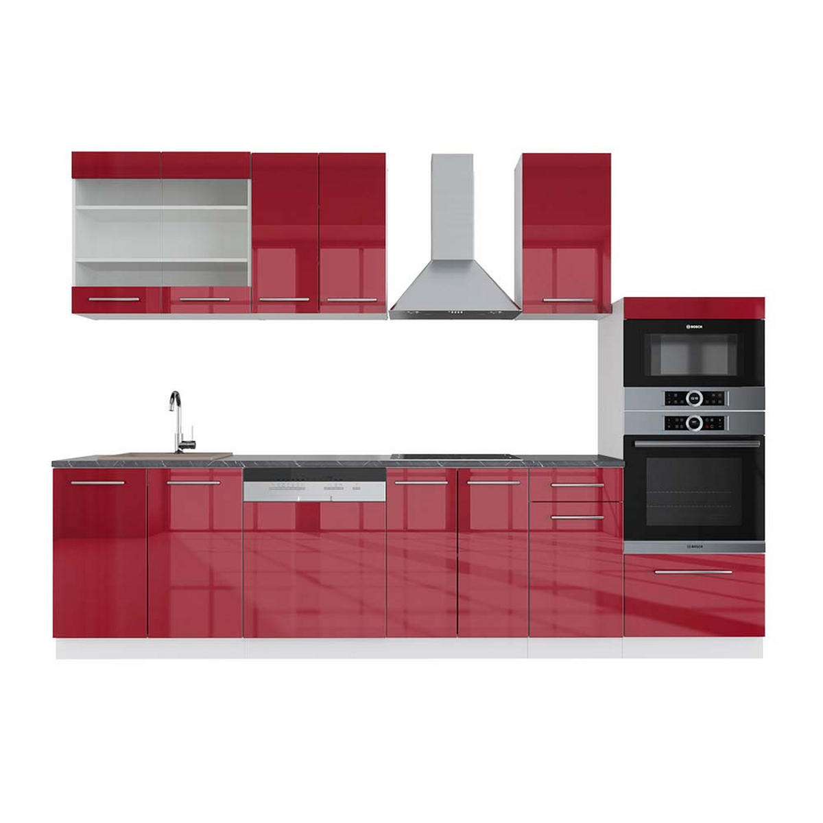 KÜCHENZEILE Fame-Line Bordeaux Hochglanz/Weiß 300 cm AP Anthrazit - Bordeaux/Weiß, Holzwerkstoff (300/81.6/60cm) - Vicco