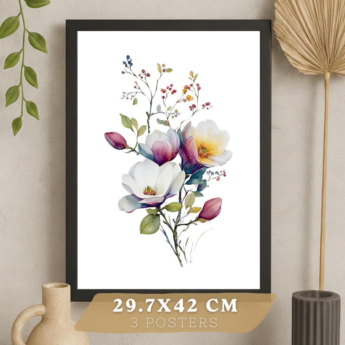 PLAKAT Sada 3 botanických uměleckých tisků. Květinové nástěnné umění. Moderní minimalistický květinový nástěnný PLAKAT. Velikost Černý rám A3 - černá, papír (29.7/42/3cm) - Nacnic