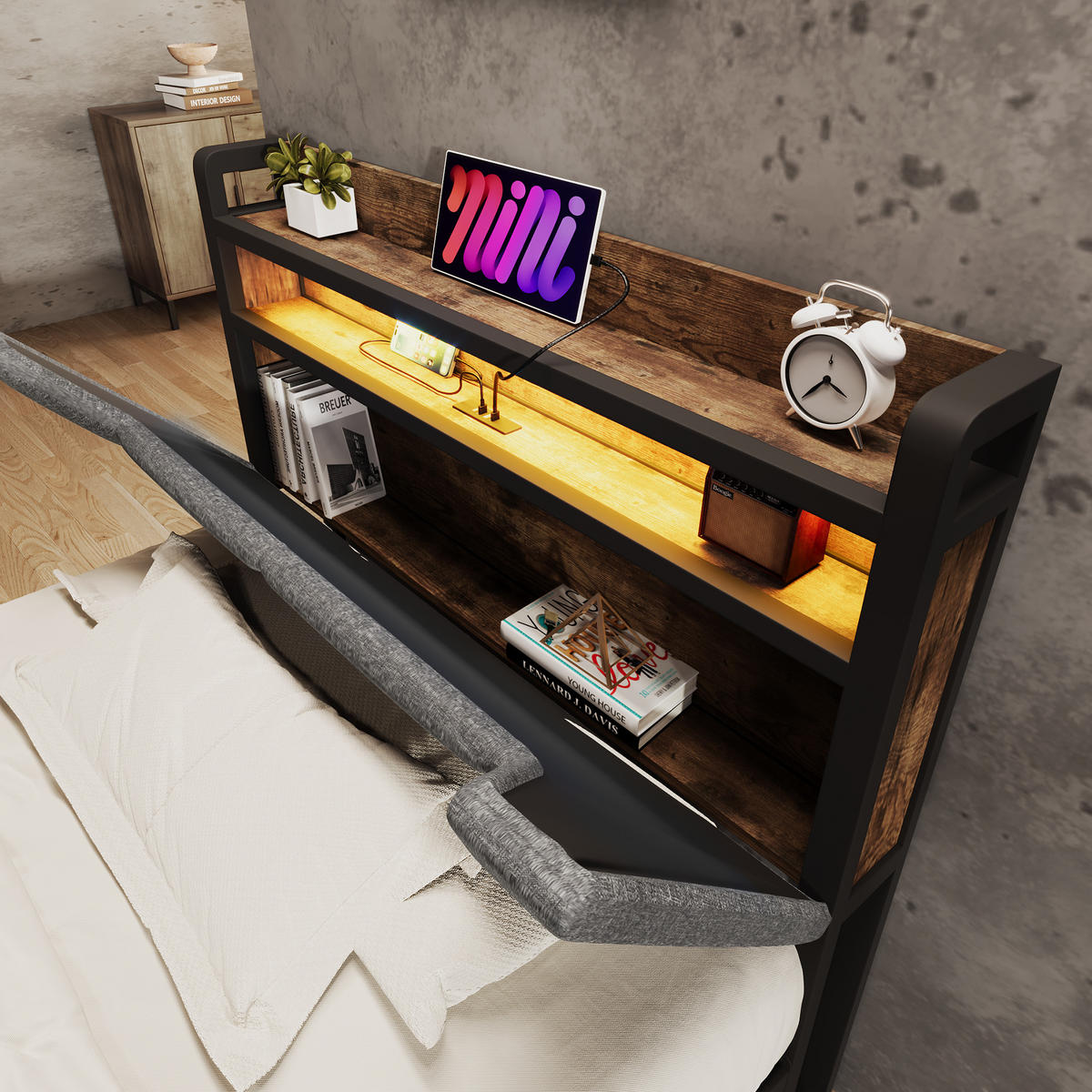 MULTIFUNKTIONSBETT 90/200 cm Grau mit Stauraum-Kopfteil und LED-Beleuchtung mit Matratze - Grau, Textil (90/200cm) - OKWISH