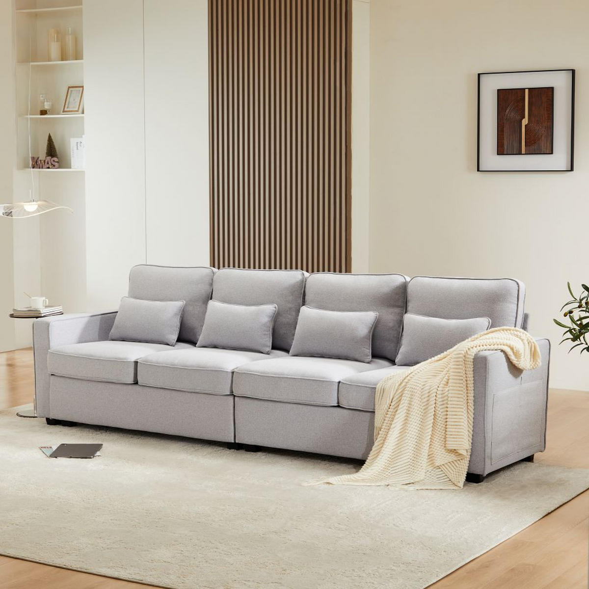 VIERSITZER-SOFA in Hellgrau Leinen mit 4 Kissen - Hellgrau, Textil (83/87/264cm) - KOMHTOM