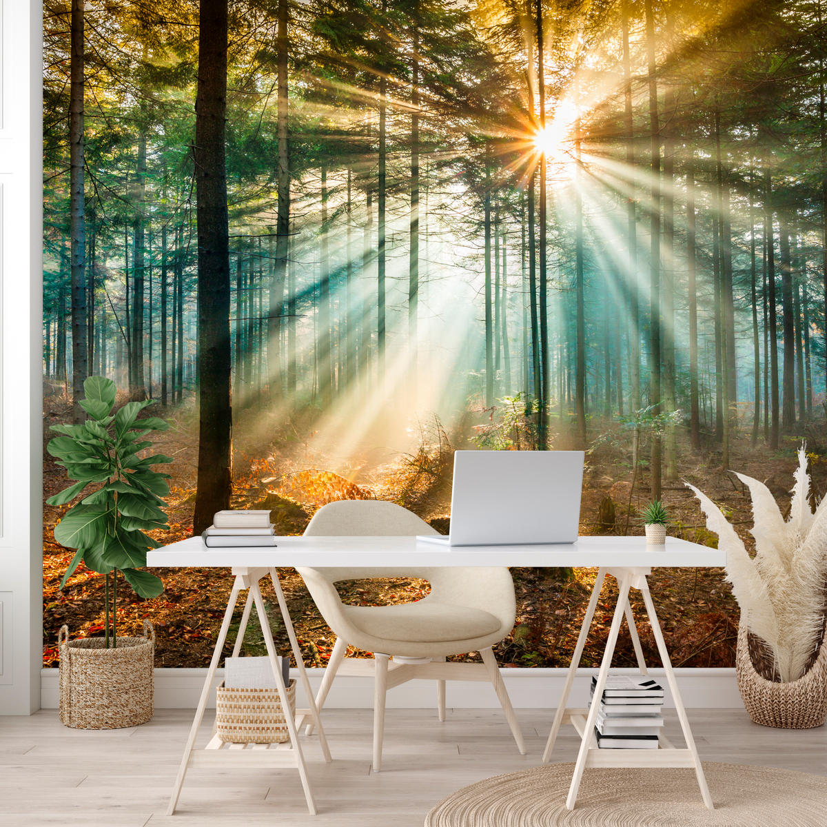 FOTOTAPETE für Wohnzimmer Herbstwald Sonnenuntergang Bäume Natur 500x350 - Beige/Gelb, Papier (500/350cm) - Muralo