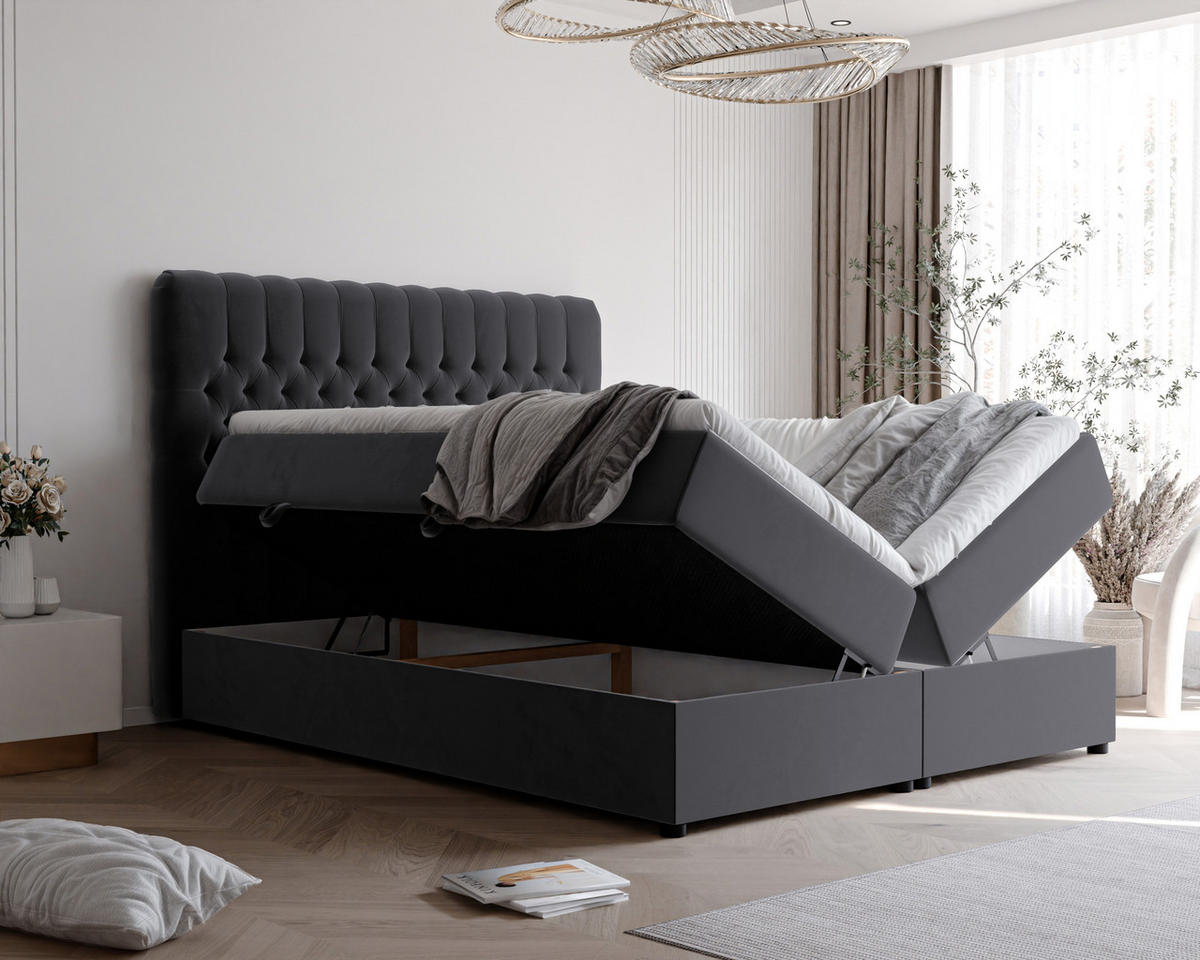 BOXBETT ALBA 180/200 cm, in Dunkelgrau, mit Matratze und Topper - Dunkelgrau, Holzwerkstoff/Textil (180/200cm) - Idohome