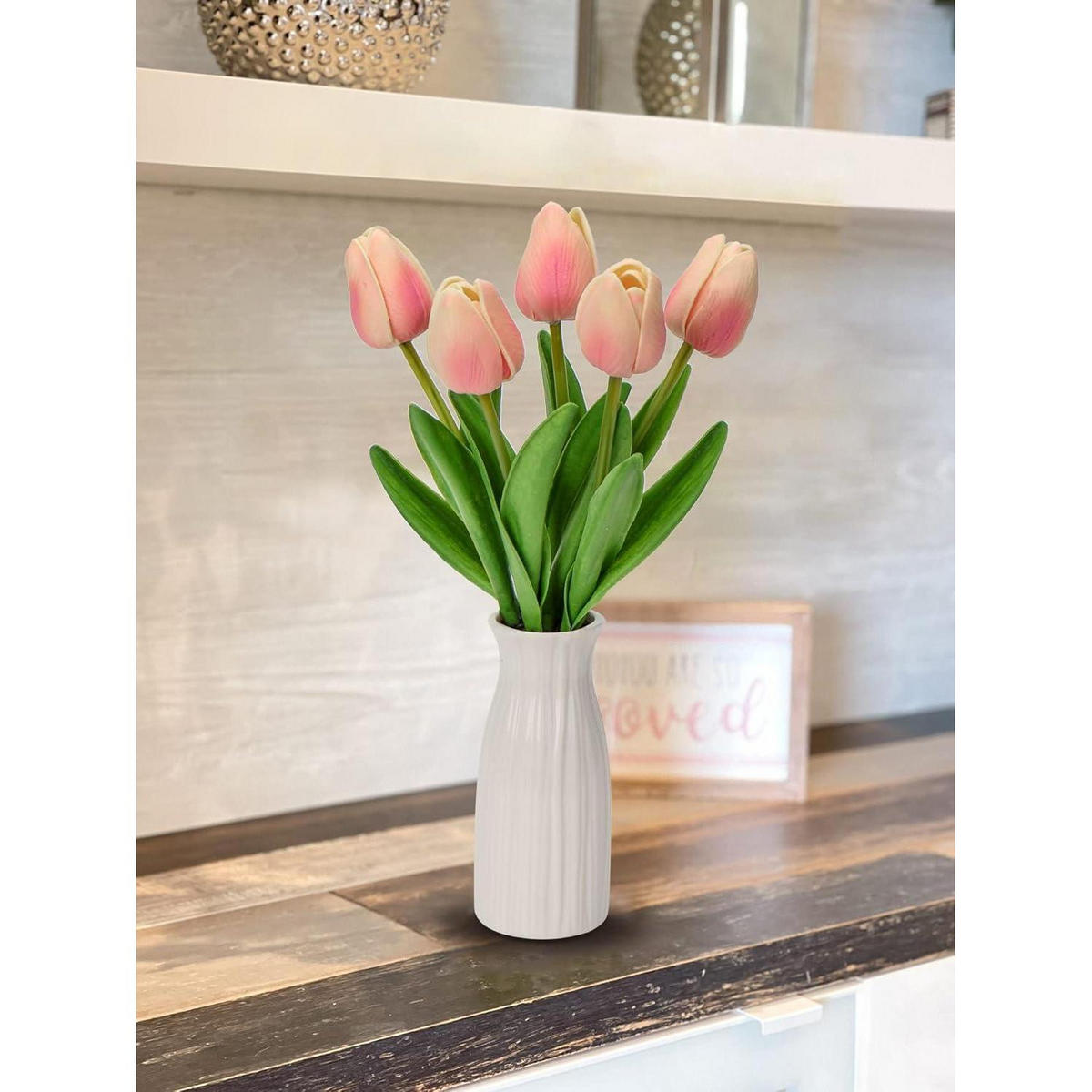 KUNSTBLUMEN Tulpenbund mit Vase Light Rosa 30 cm - Rosa, Keramik (27cm)