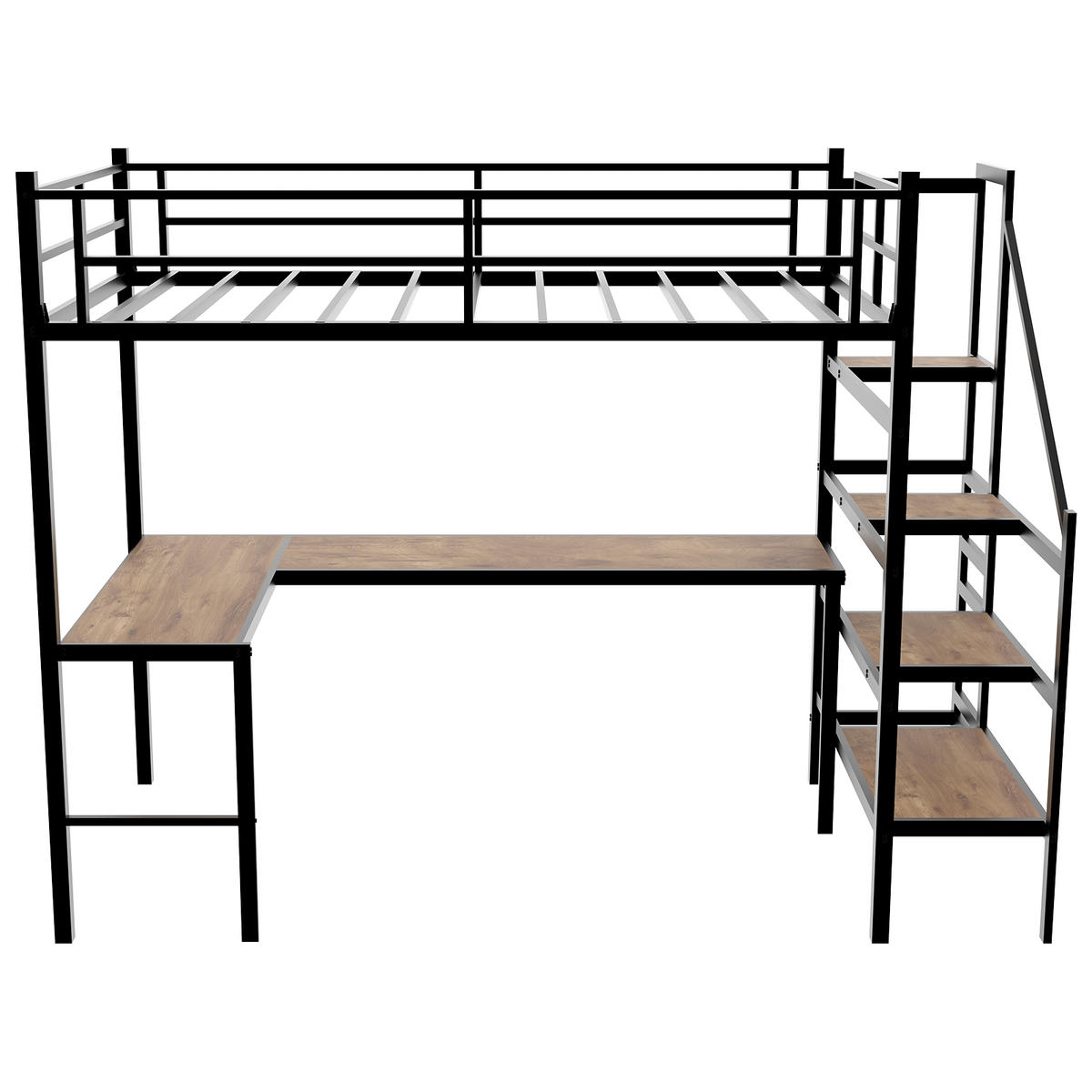 HOCHBETT mit L-förmigem Schreibtisch und Treppe Metall Schwarz - Schwarz, Holz (90/190cm) - Meubliv