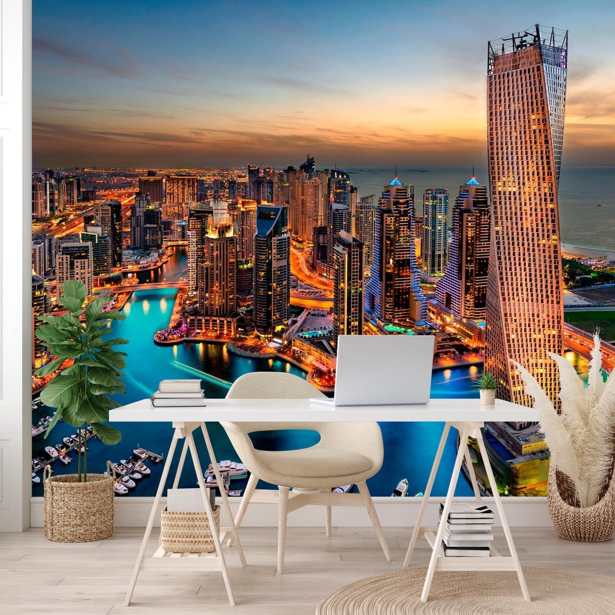 FOTOTAPETA Pre Kanceláriu Mrakodrapy Dubai Marina Prístav Svetlá Moderná 250 x 175 cm - oranžová/hnedá, papier (250/175cm) - Muralo