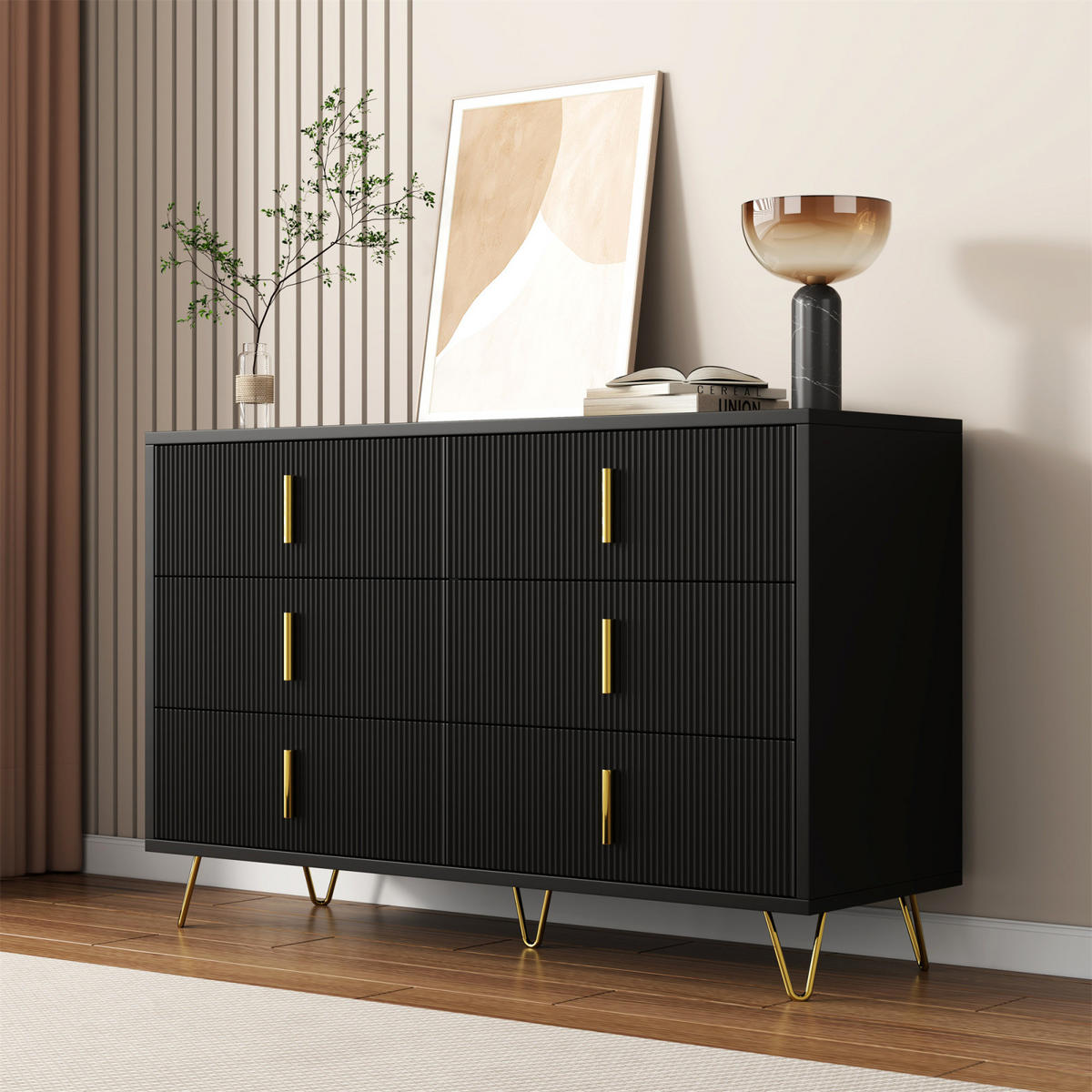SIDEBOARD Schwarz, 6 Schubladen, modernes Eckdesign - Schwarz, Holz (120/77/40cm)