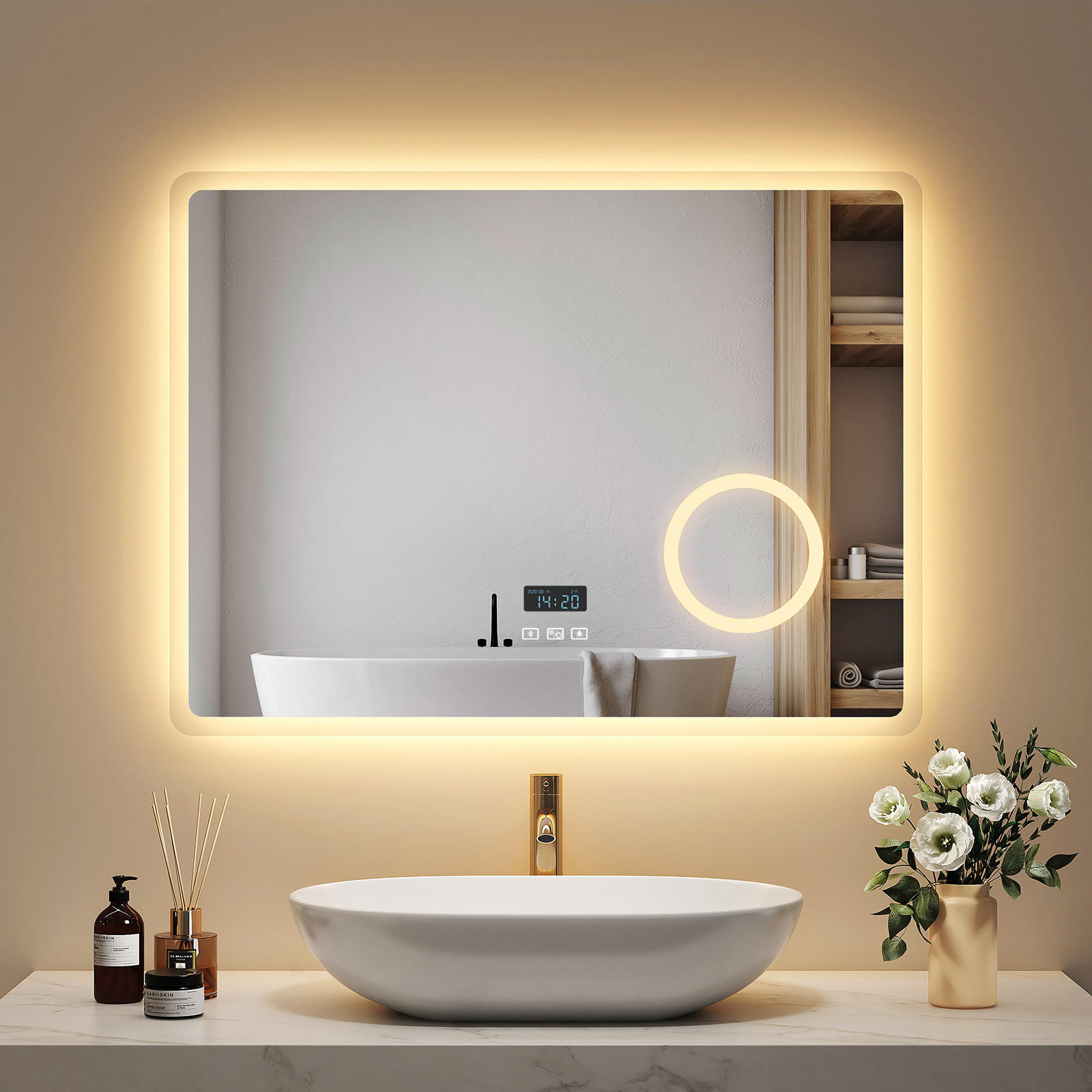 BADSPIEGEL mit 3-Tasten-Bluetooth Beleuchtung mit Integriertem Schminkspiegel 80/60 cm - Weiß, Glas (60/3.5/80cm) - EMKE