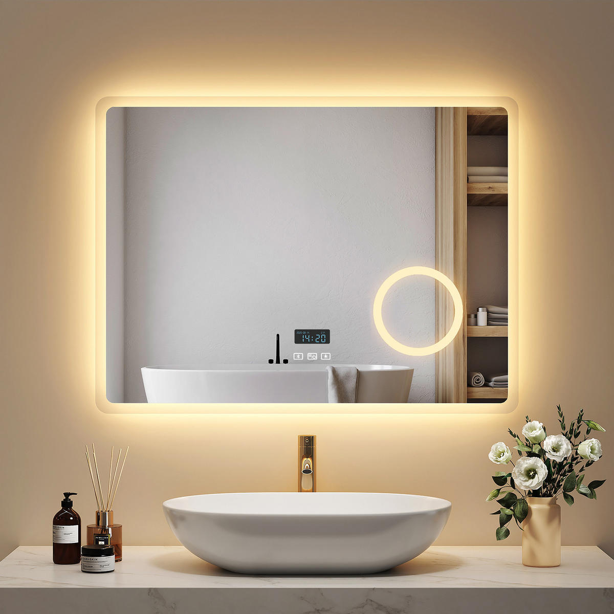 BADSPIEGEL mit 3-Tasten-Bluetooth Beleuchtung mit Integriertem Schminkspiegel 80/60 cm - Weiß, Glas (60/3.5/80cm) - EMKE