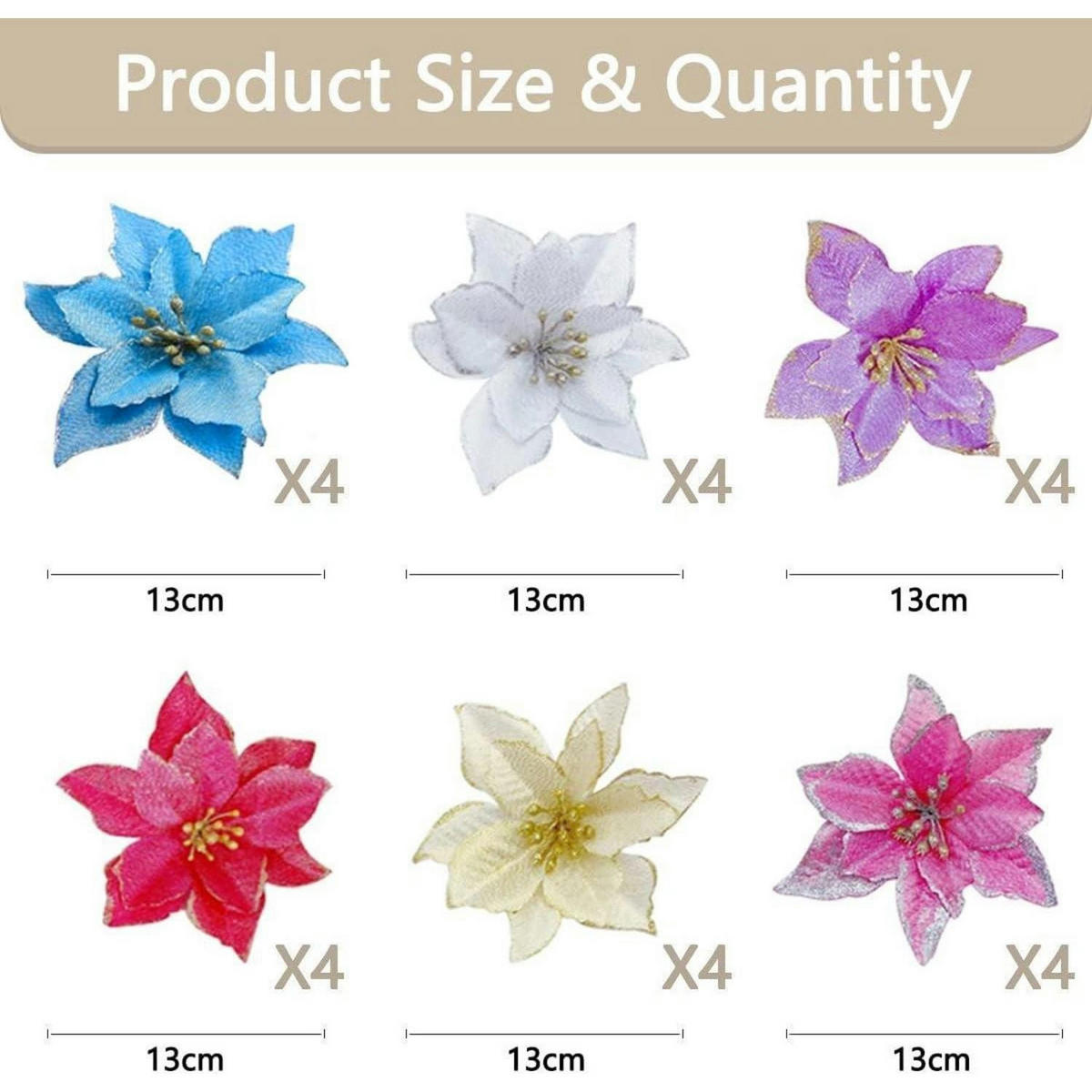 WEIHNACHTSSTERN Blume Künstlich 24 Stück Set 13 cm - Multicolor, Textil (3cm)
