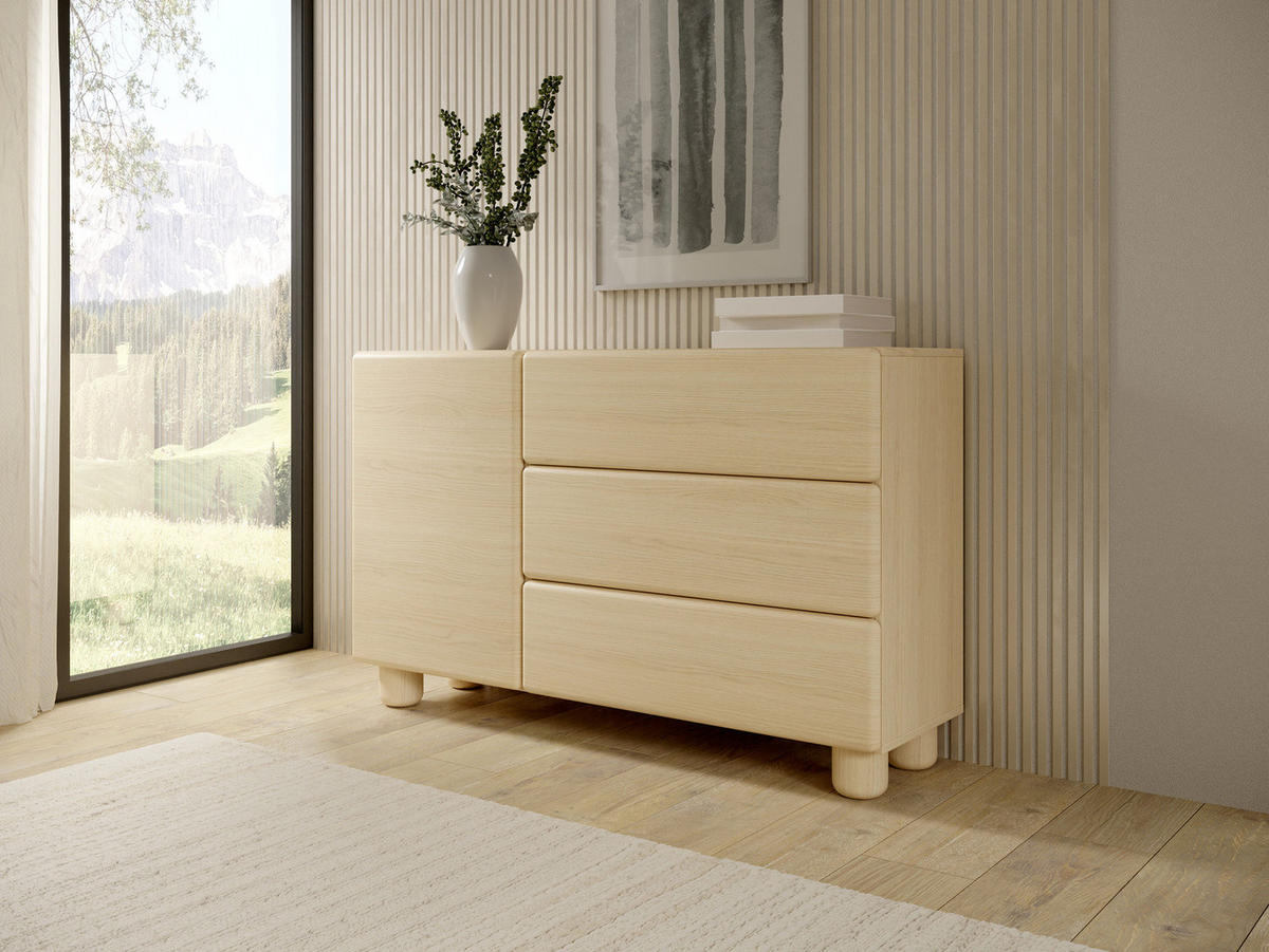 SIDEBOARD CERVI E 130 cm Eiche Vicenza - mit 1 Tür, 3 Schubladen und abgerundeten Fronten - Eichefarben, Holz/Holzwerkstoff (130/80/38cm) - Ravio