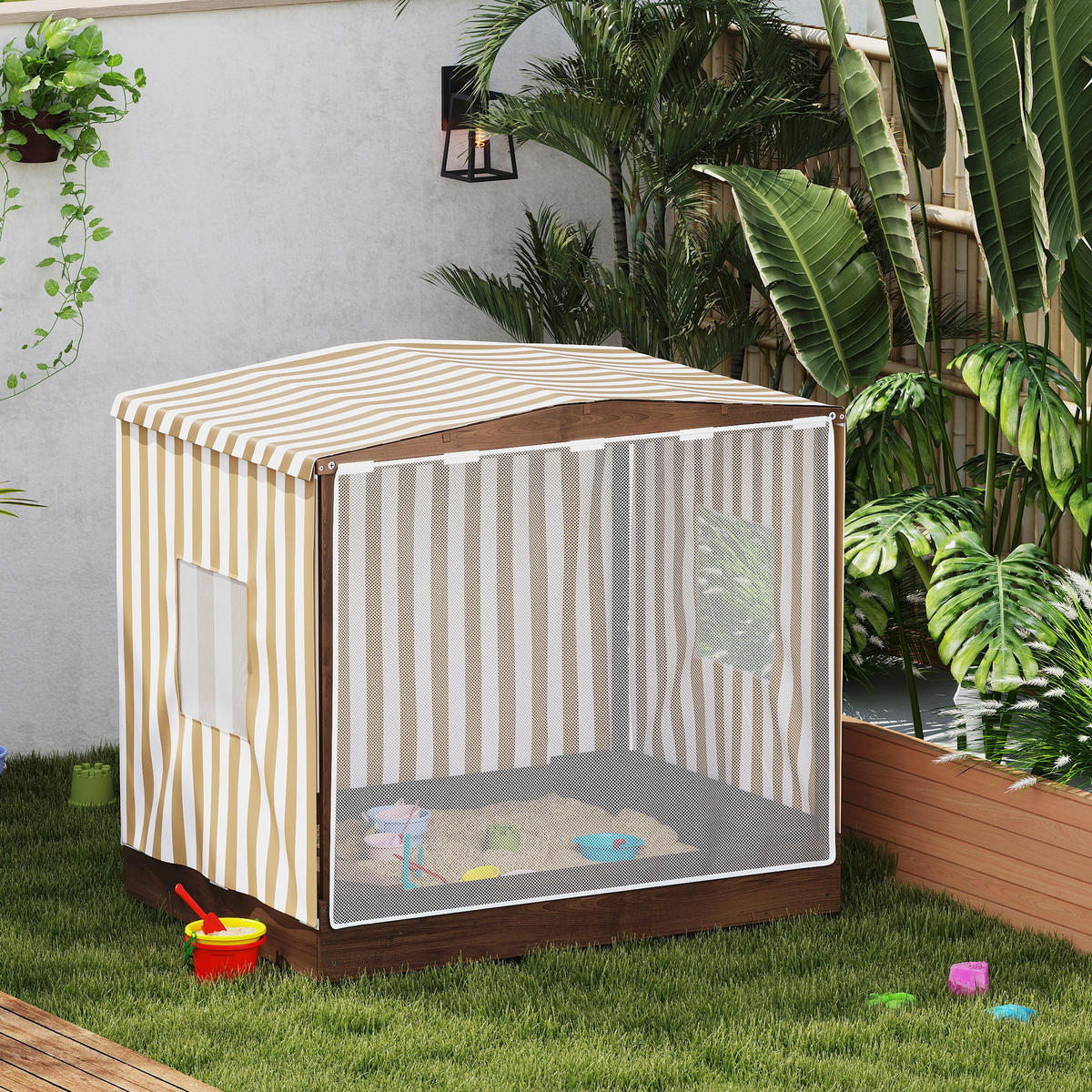 SANDKASTEN mit Vordach und Netztür 142 x 101,5cm Sandkiste aus Holz mit Sitzbank - Braun, Holz (142/101.5/131cm) - AIYAPLAY